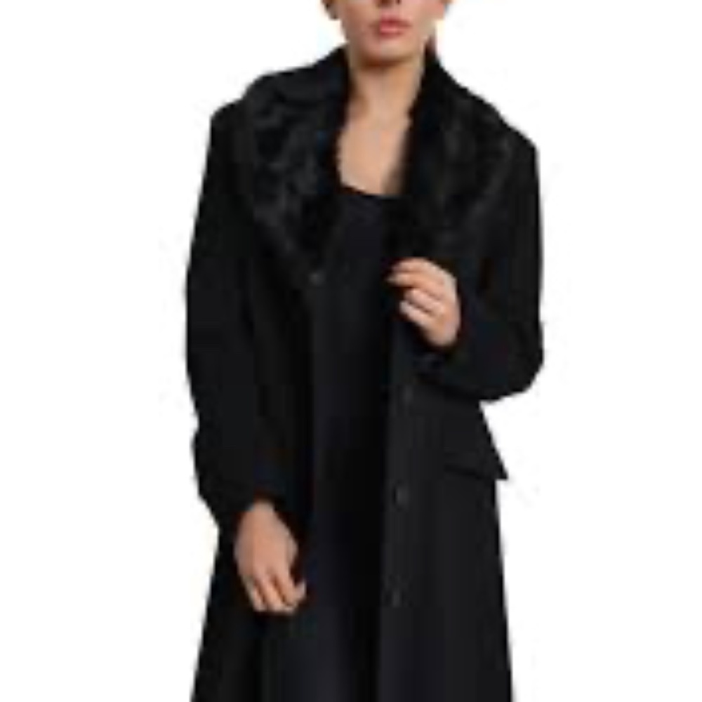 Vintage Luxury Virgin Wool XXL Black Fur Trimmed Business Casual Coat